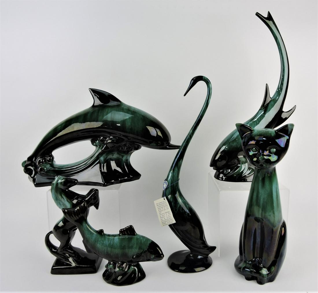 Blue Mountain Pottery lot of 6 figures -: dolphin 17", 2 fish 18" & 9", cat 14", bird 18", horse 9"