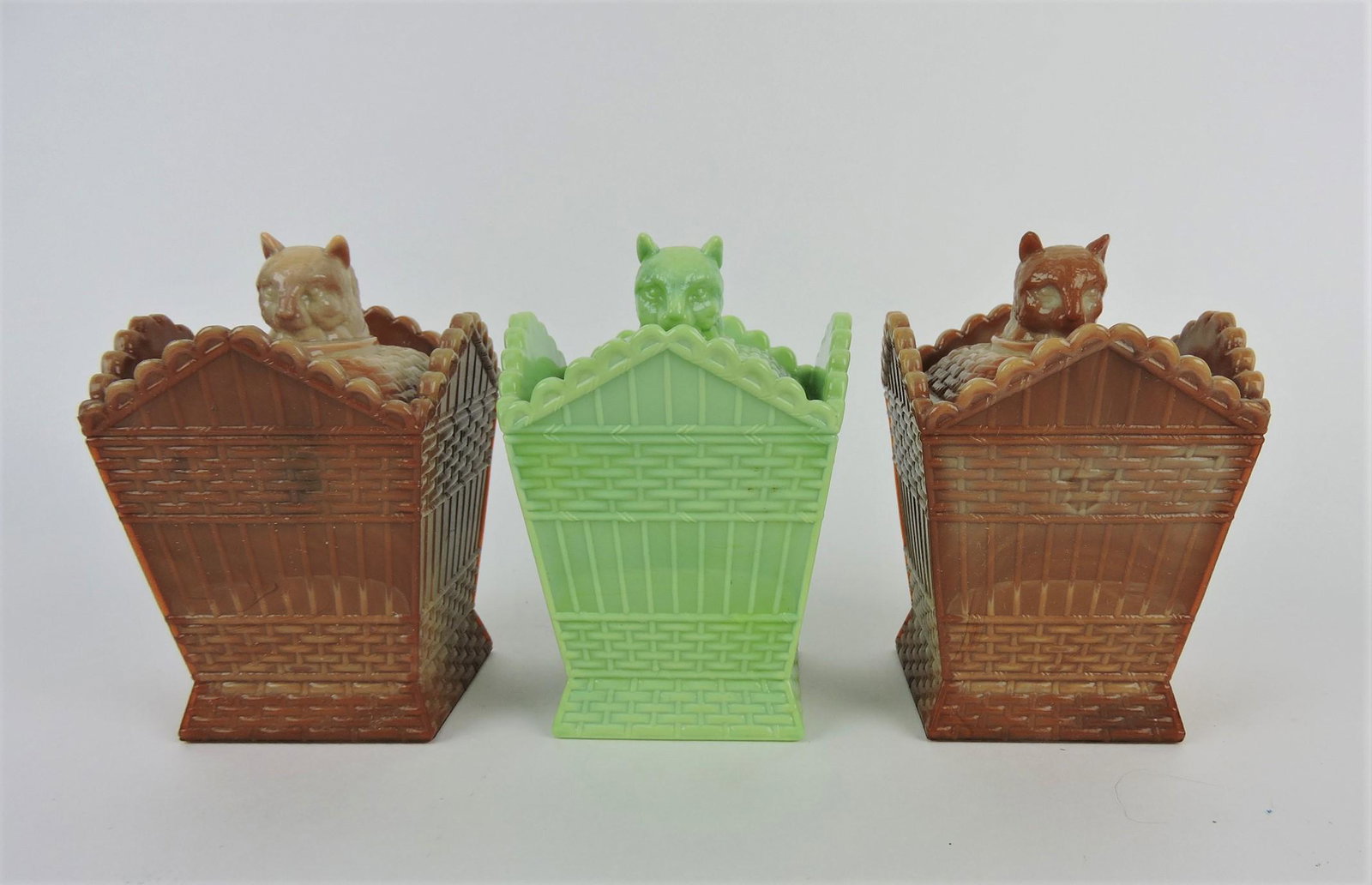 Cat in hamper covered jar lot of 3;: 2 chocolate, 1 nile green