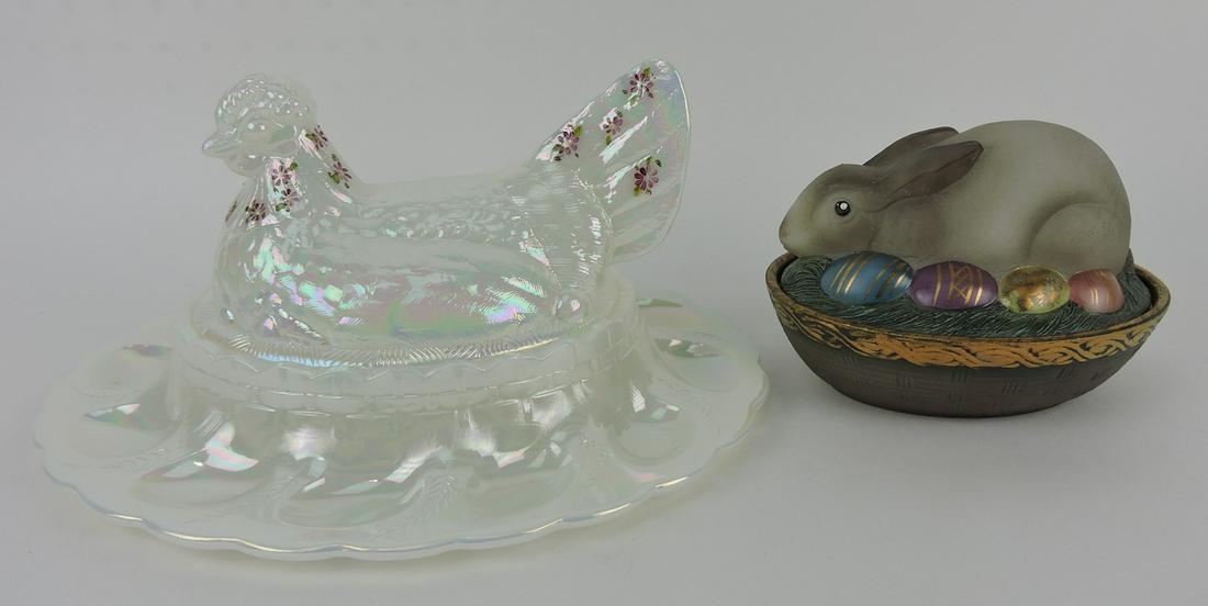 Fenton hen on nest egg server and: rabbit on nest