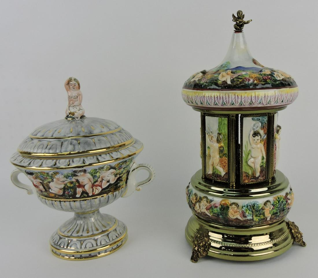 Capodimonte covered compote 10",: and music box 13"