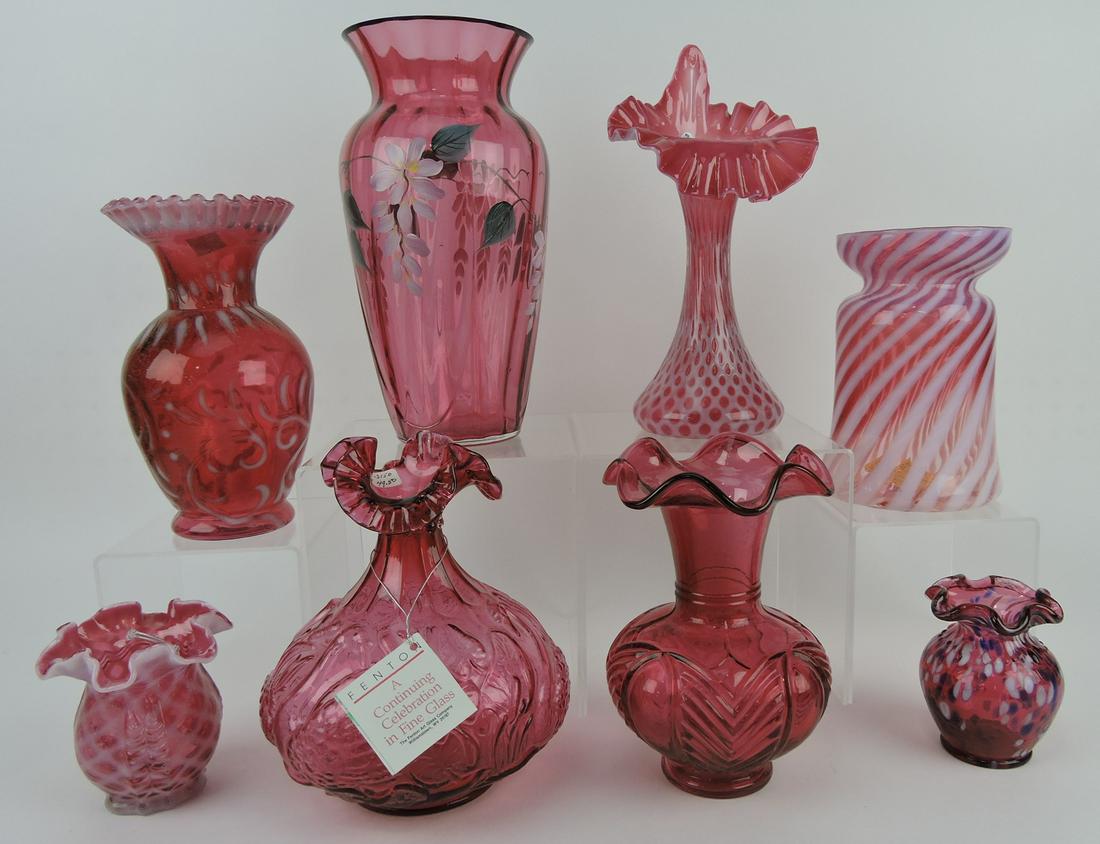 Fenton lot of 8 cranberry and: opalescent vases