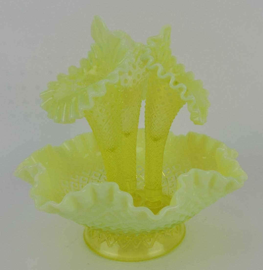 Fenton vaseline opalescent topaz: English hobnail epergne, 10"