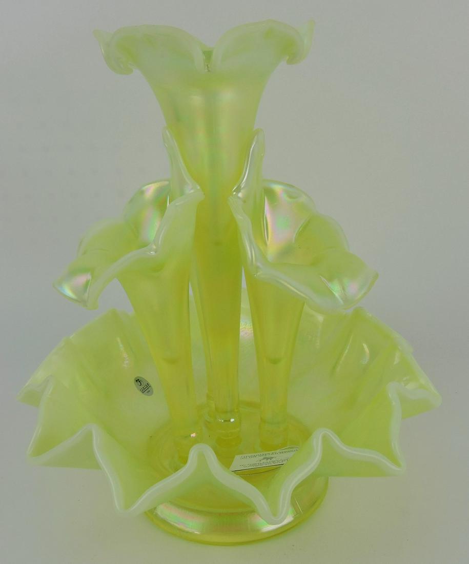 Fenton topaz opalescent 4 horn: epergne, 13"h