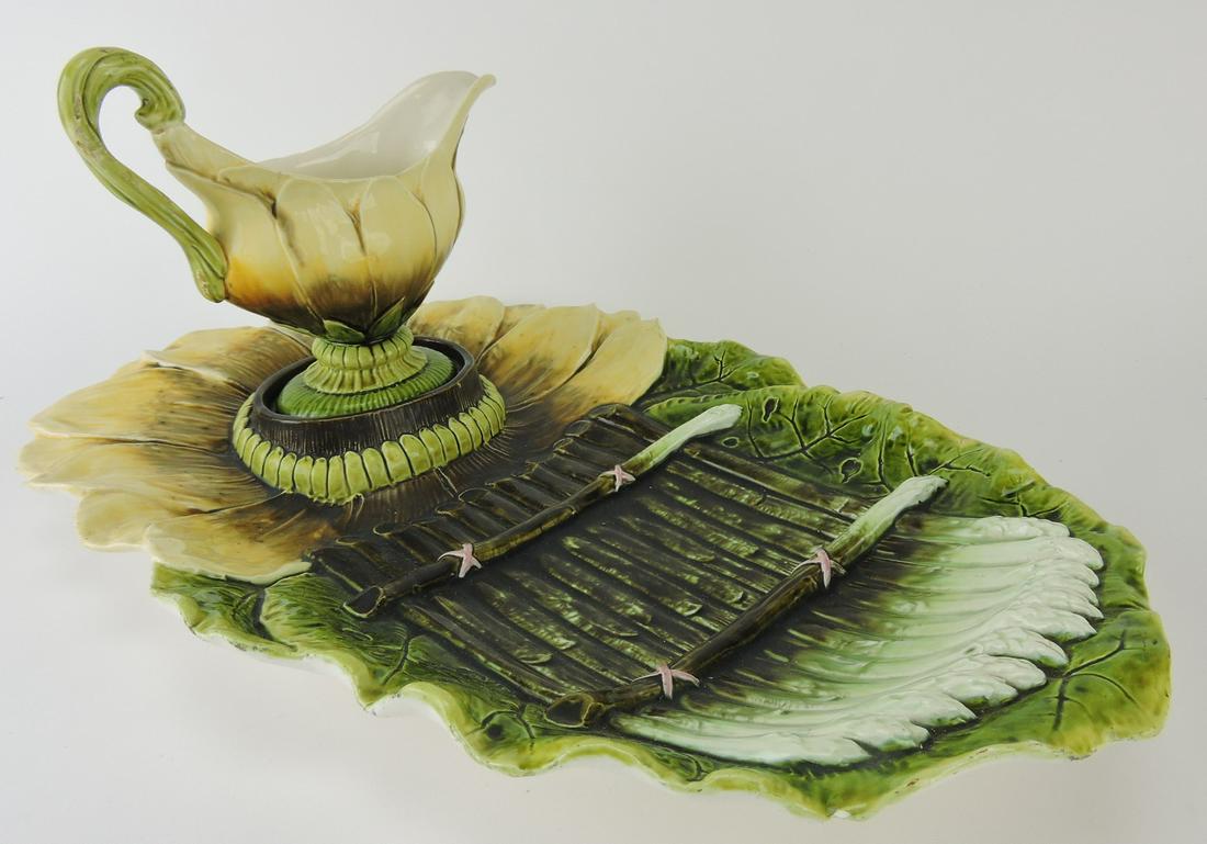 Julius Dressler majolica asparagus: server with sauce boat, 19"l, rim chip to back of tray