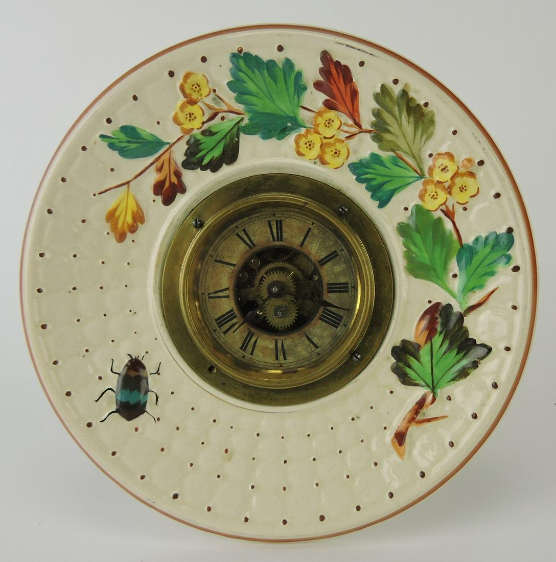 Avalon majolica beetle and floral: plate clock, 8 1/4"