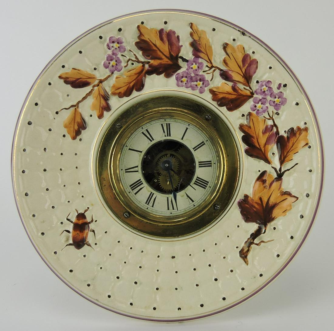 Avalon majolica beetle and floral: plate clock, 8 1/4"