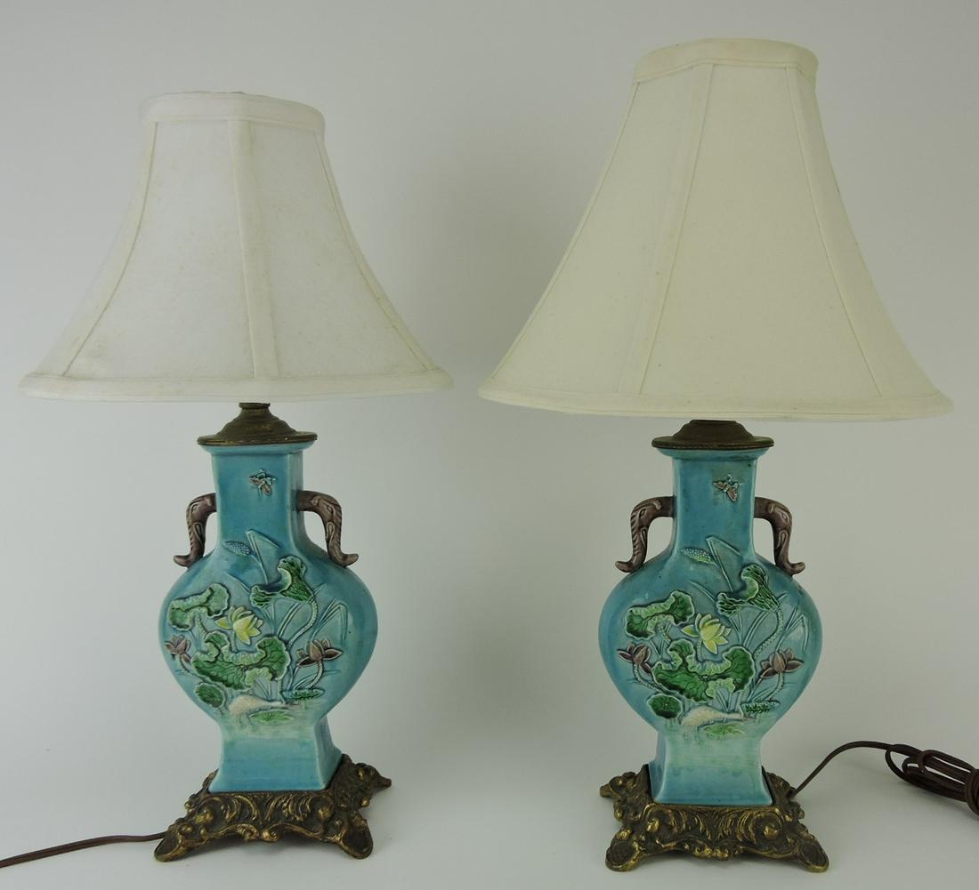 Majolica pair of lamps, 15": .