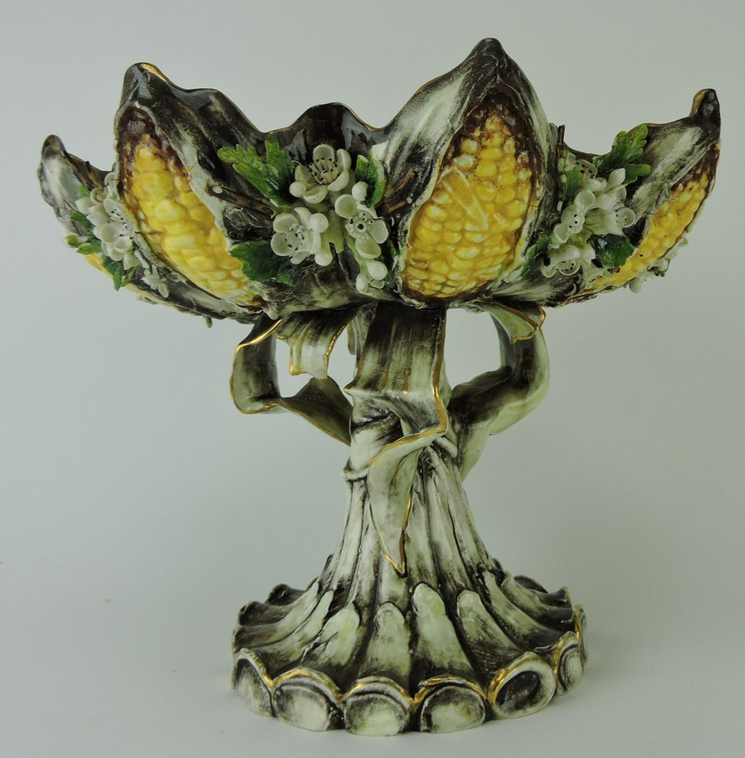 Majolica corn and floral compote,: 12"w, 9 1/2"h