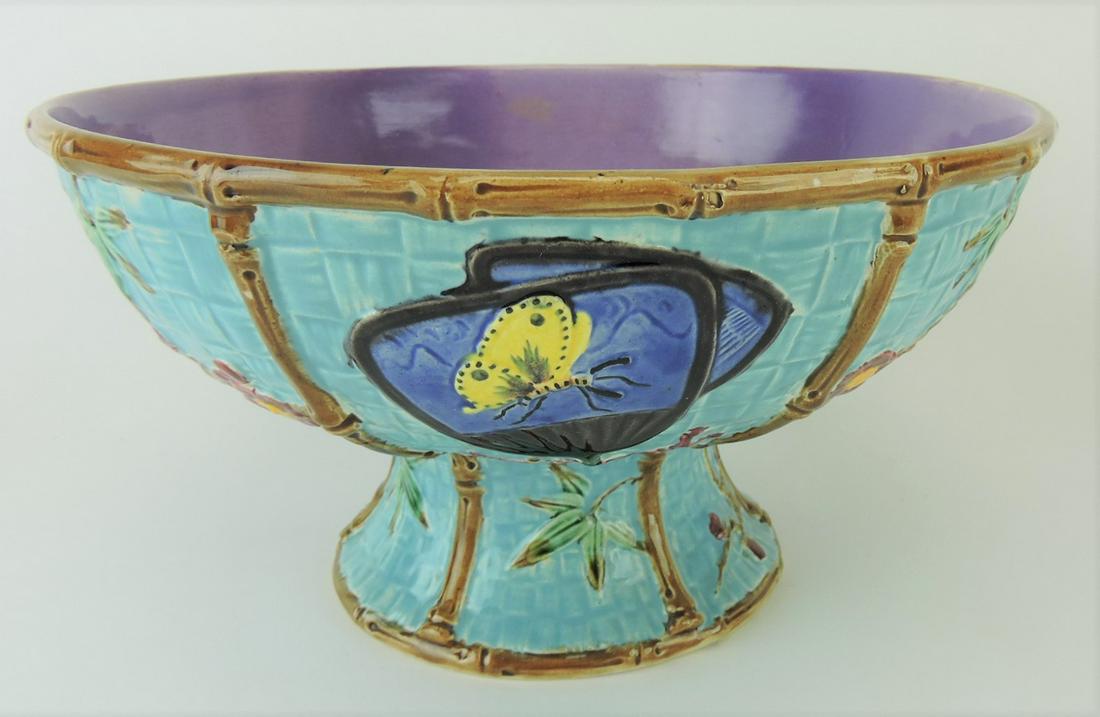 Majolica Fielding butterfly, fan, and: wicker compote with lavender interior, professional rim repair