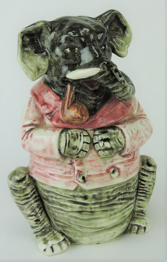 Majolica elephant figural humidor,: professional rim repair to lid