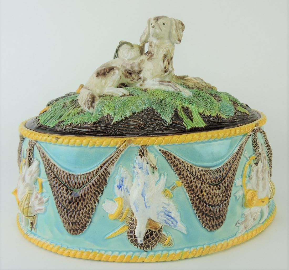 George Jones majolica rare game: dish with boy (lacking head) and dog on cover, 11", lid repairs