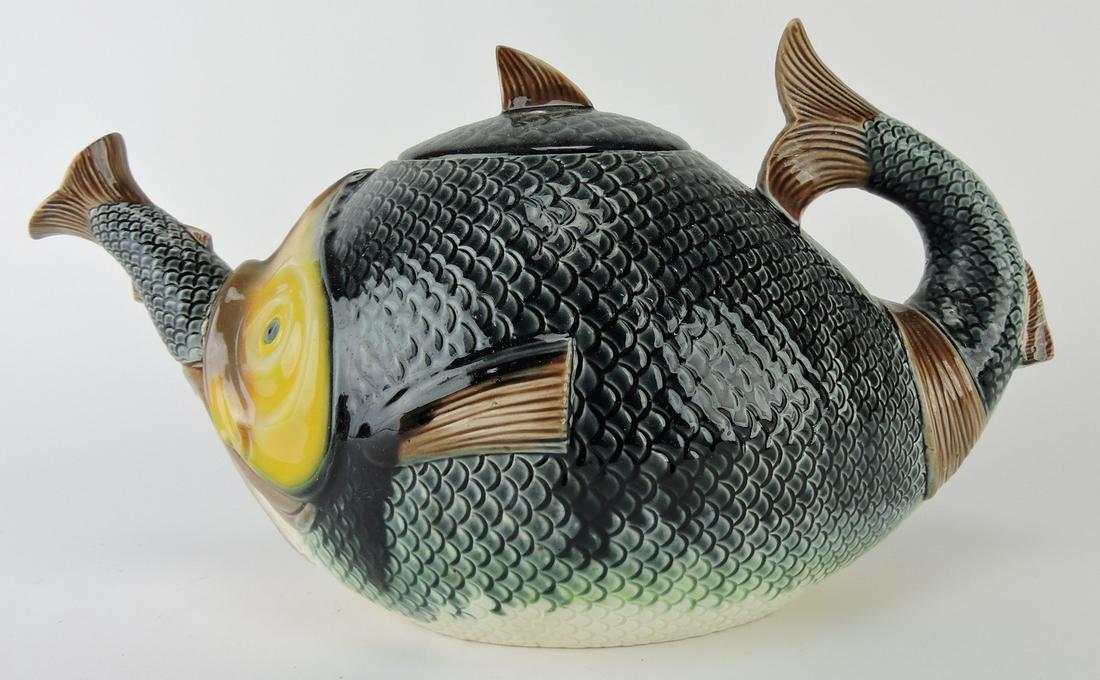 Majolica fish swallowing fish teapot,: spout repair