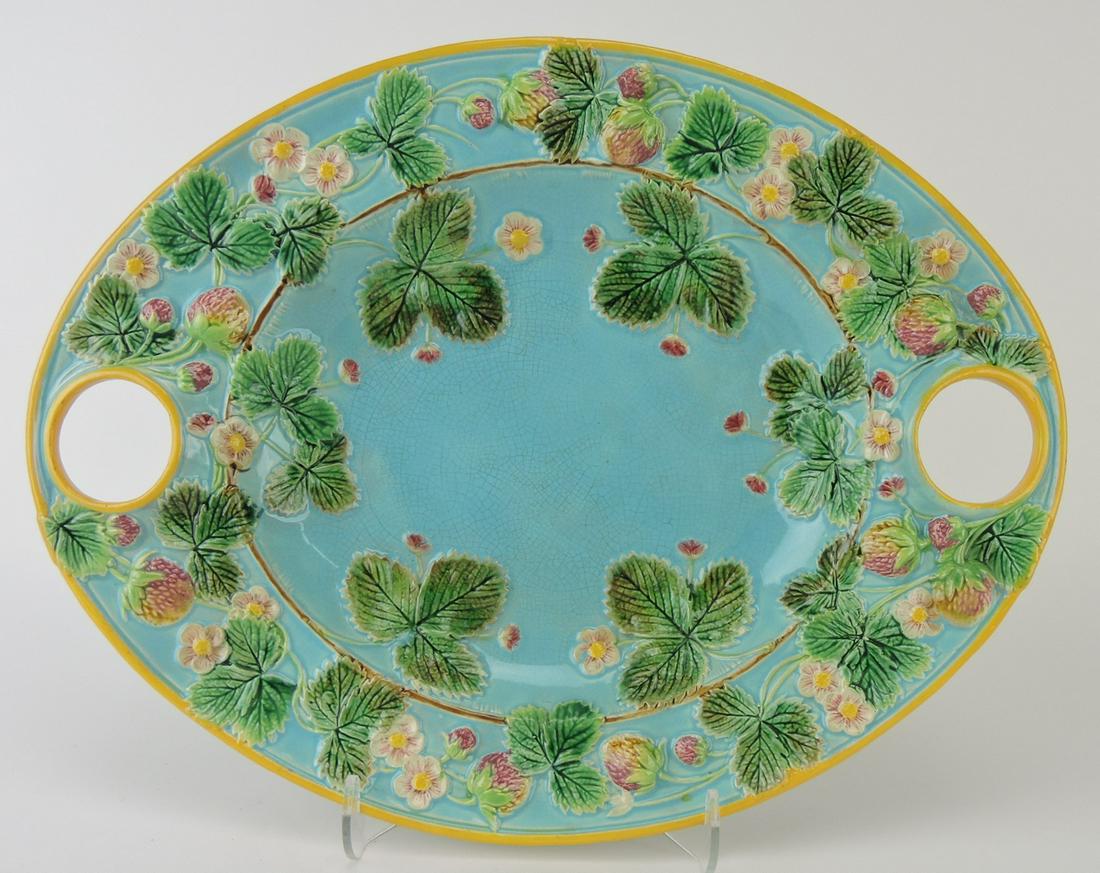 George Jones majolica strawberry: platter, 14 1/2", damage/repair to rim