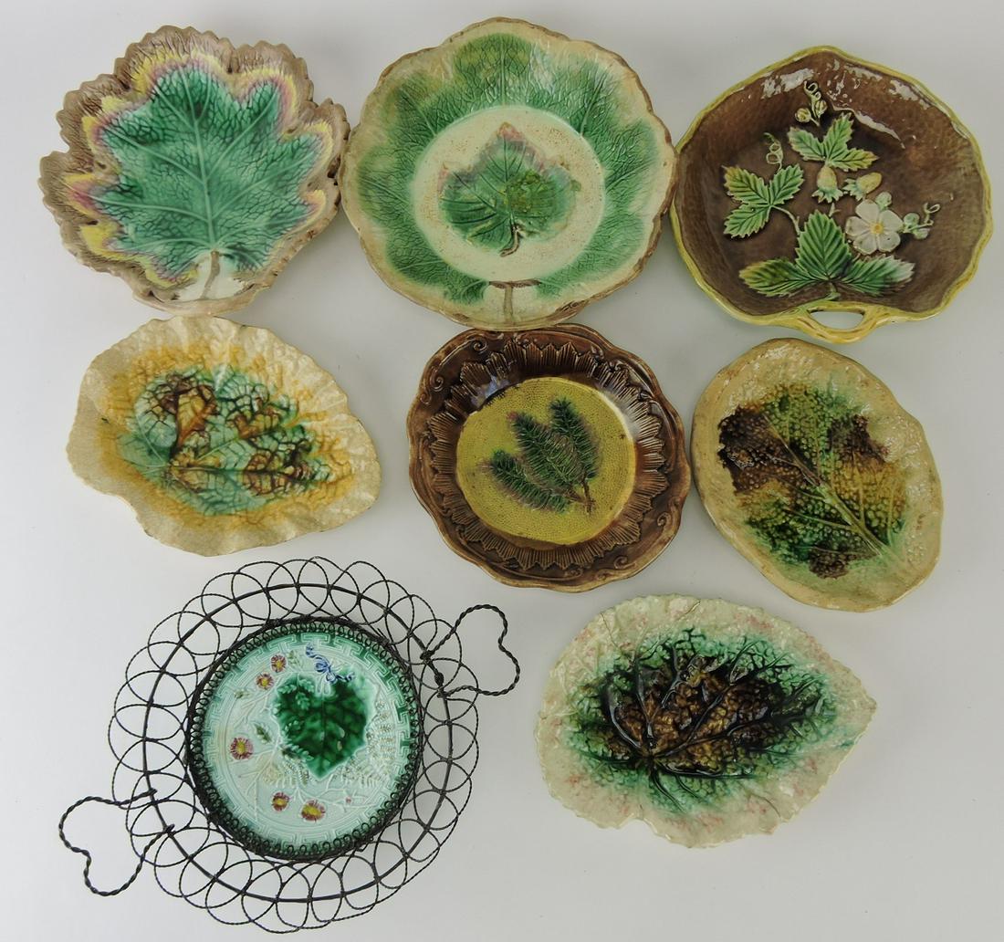 Majolica lot of 8 leaf trays, various: condition
