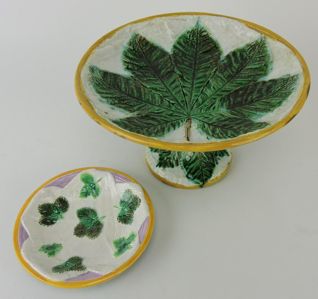 George Jones majolica chestnut: leaf compote and strawberry sauce dish
