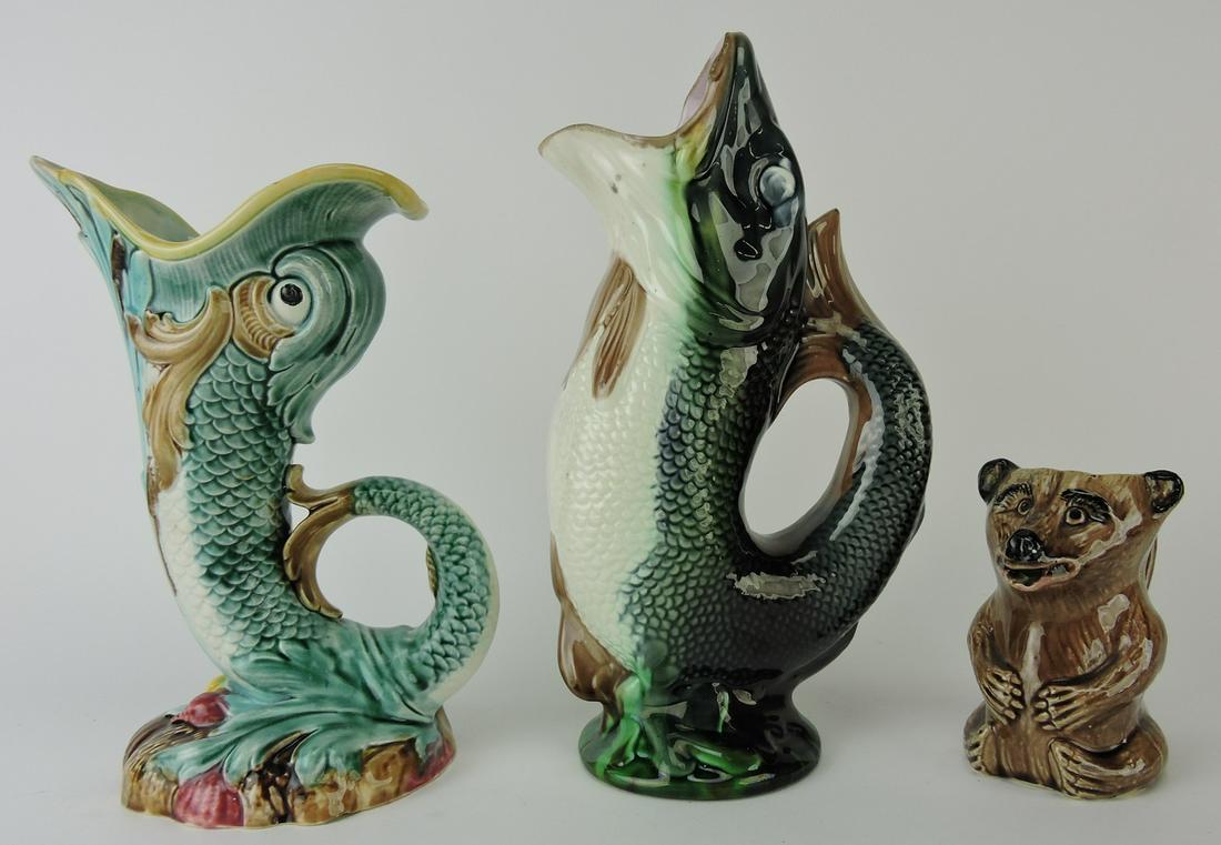 Majolica lot of 3 figural pitchers, (1 of 1)