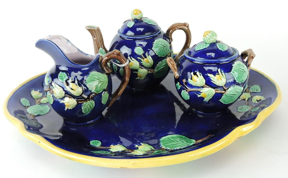 Majolica cobalt and floral tea set: with matching tray (14 1/2" x 12")