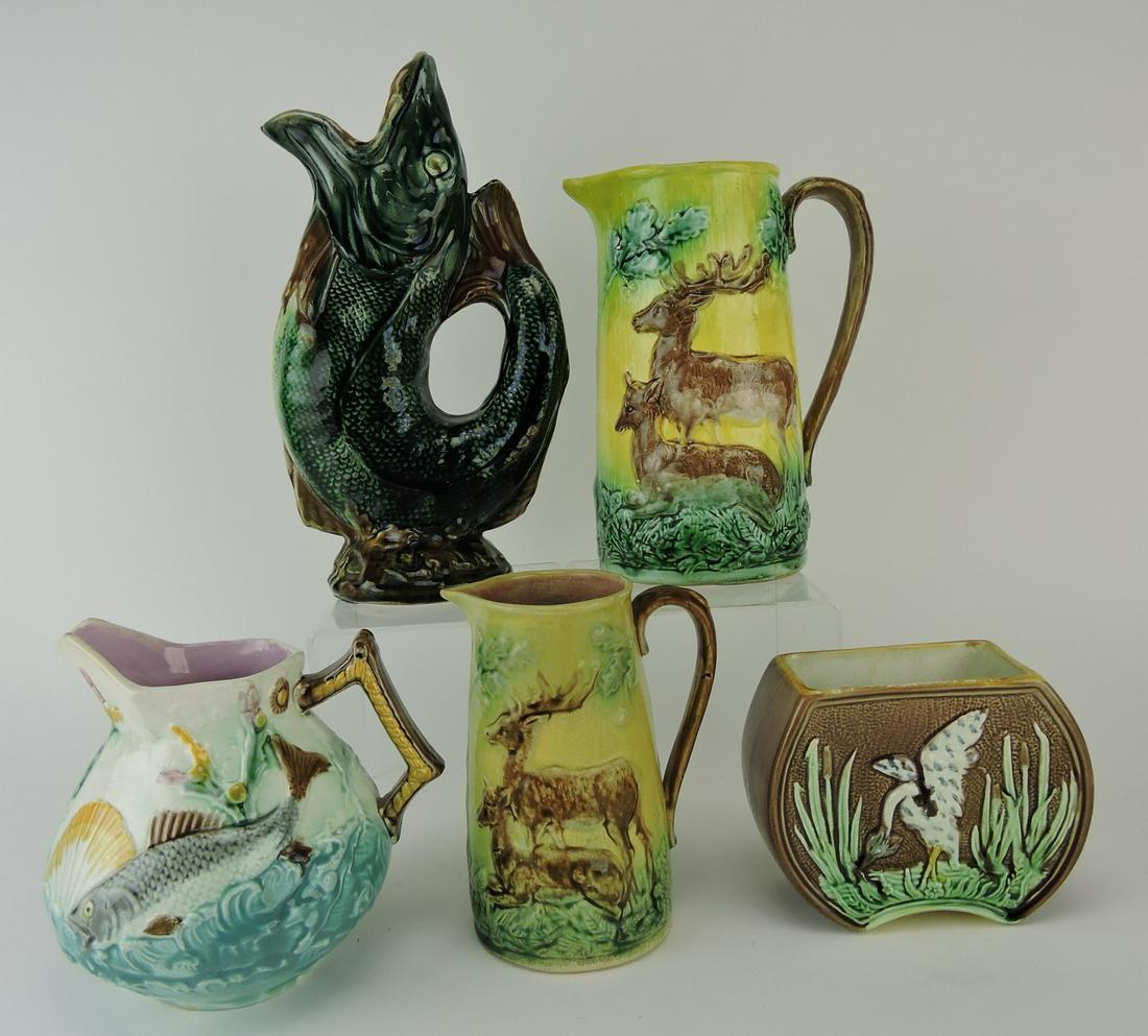 Majolica lot of 4 pitchers and sugar, (1 of 1)