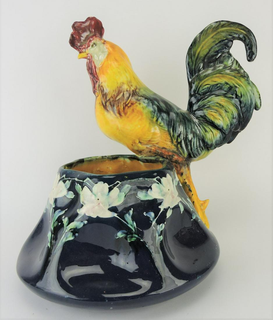 Majolica rooster figural planter, repairs (1 of 2)