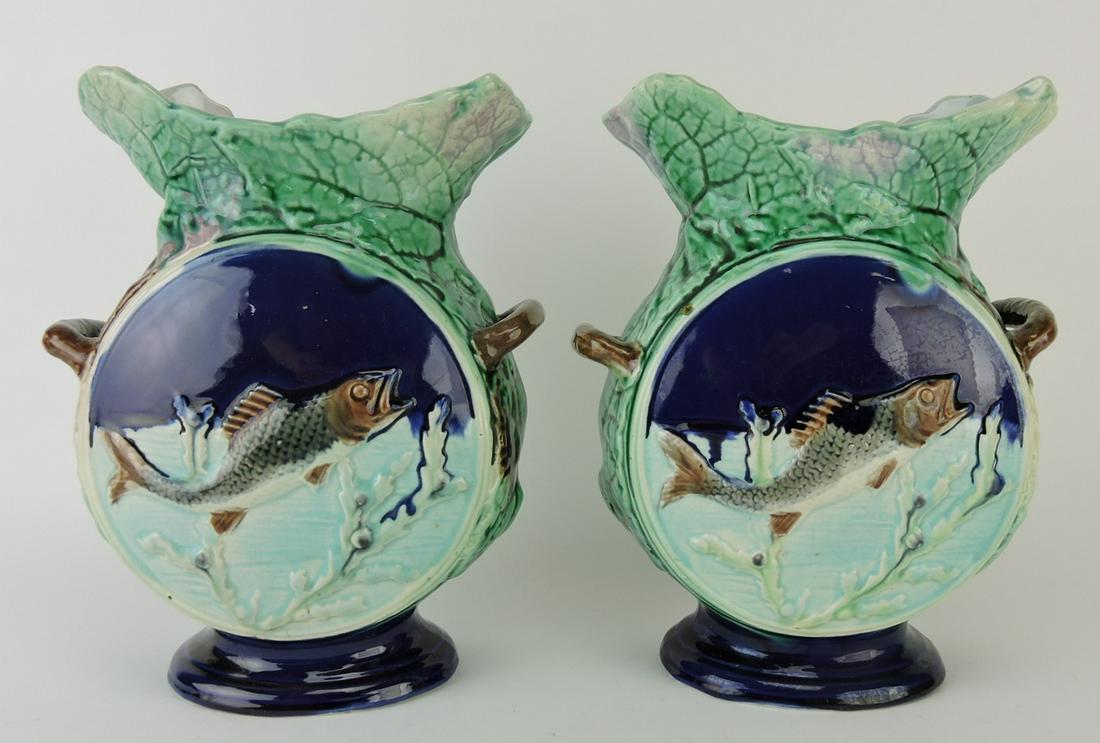 Majolica pair of moon flask vases, (1 of 2)