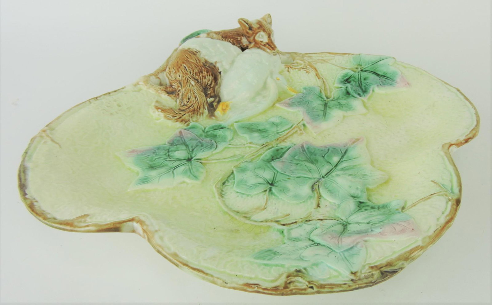 Majolica fox and goose serving tray,: professional rim repair, 13"w