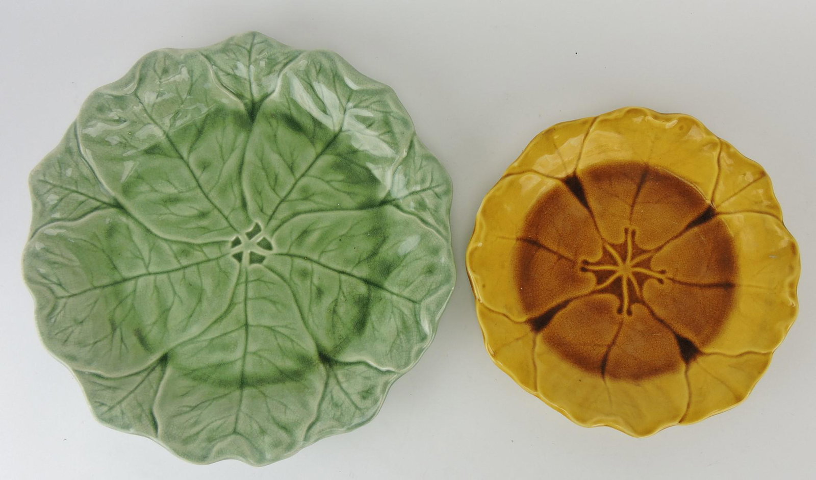 Minton majolica lot of 2 leaf under trays,: 14" & 11"