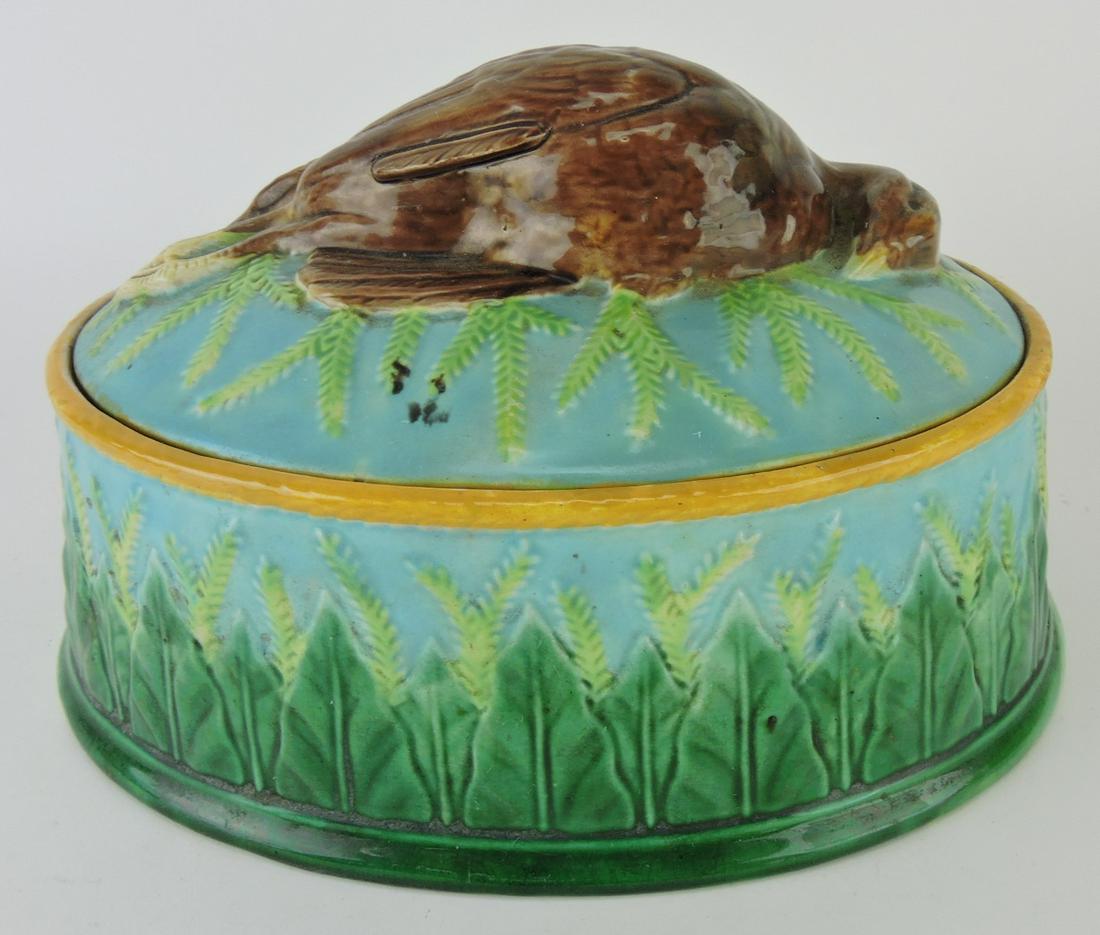 George Jones majolica game dish: with insert, lid restored, hairline to base