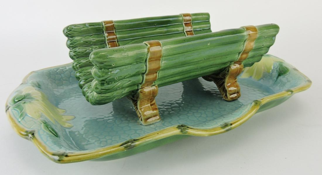 Holdcroft majolica asparagus tray/: cradle, 13 1/2"