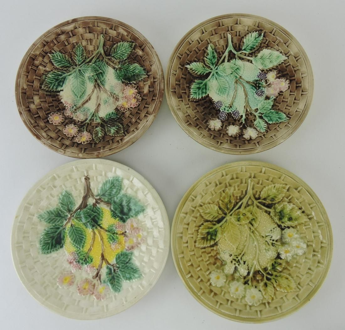 Majolica lot of 4 - 8 1/4" blackberry: plates, various condition