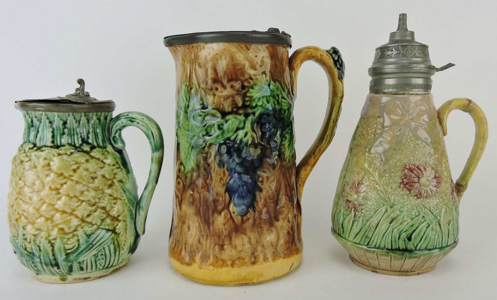 Majolica lot of 3 pewter top syrup: pitchers