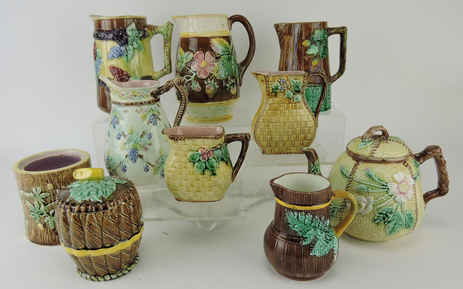 Majolica lot of 7 pitchers, teapot, (1 of 1)