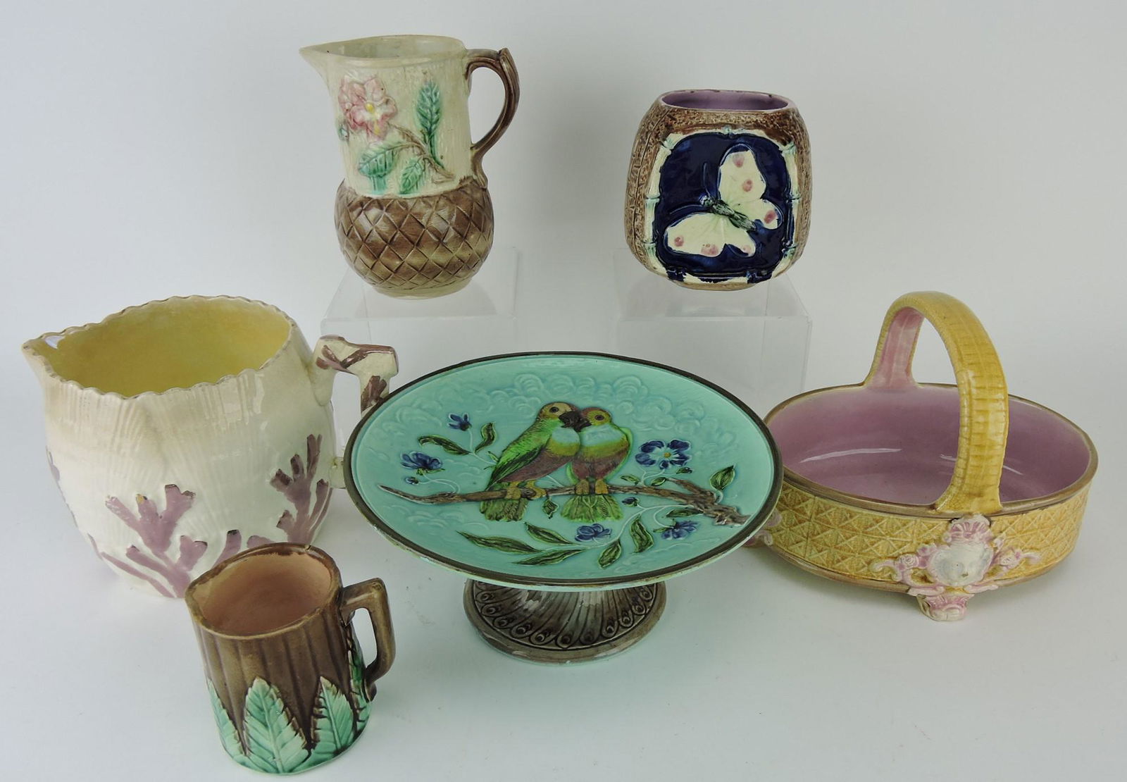 Majolica lot of 6 pitchers, vase, basket, (1 of 1)