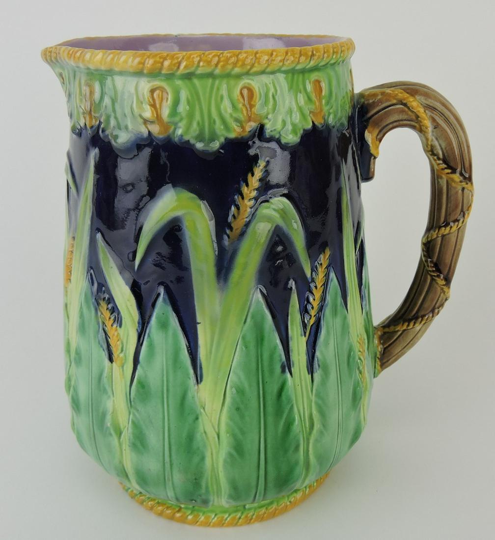 George Jones majolica cobalt: acanthus leaf and wheat jug, 7 1/4", professional hairline repair