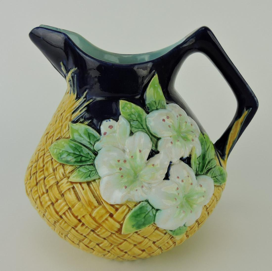 George Jones majolica basketweave: and floral pitcher, 6 1/2"
