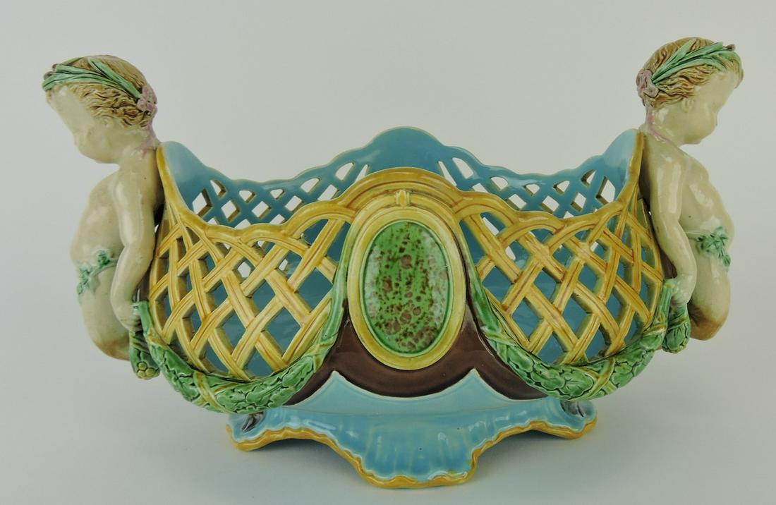 Minton majolica reticulated basket: with fawn handles, 11"w, 6 1/2"h