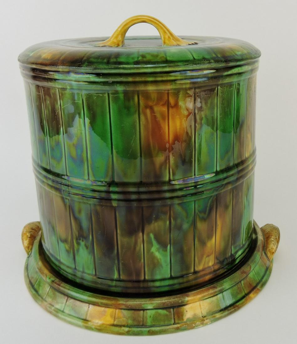 Wedgwood majolica mottled cheese: keeper, 9 1/2", rim repair to base