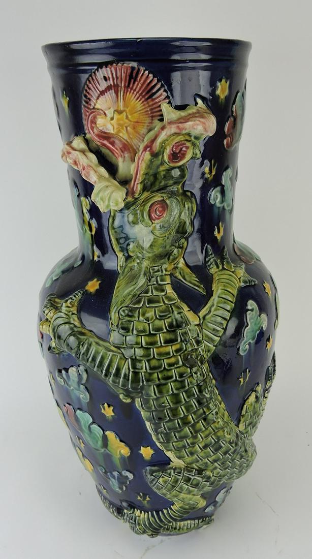 Majolica cobalt floor vase with dragon,: professional rim repair, 21 1/2"