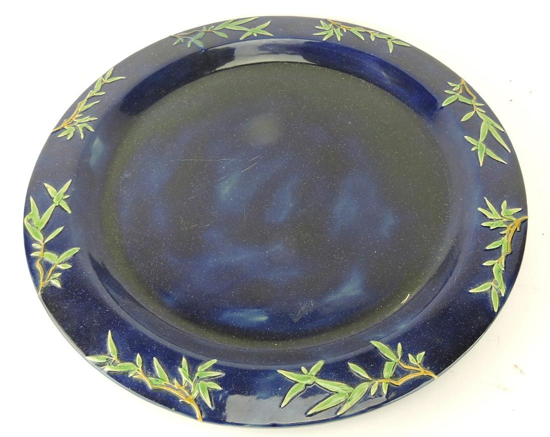 Minton majolica cobalt jardiniere: under tray, 18 3/4"d, hairline repair