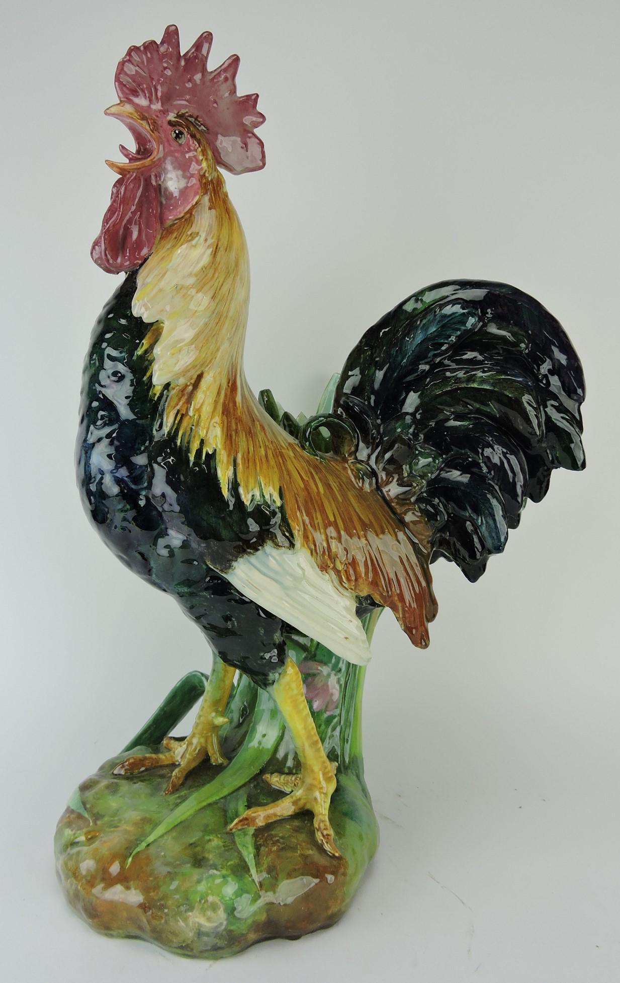 Jerome Massier majolica rooster: floor vase, 23"