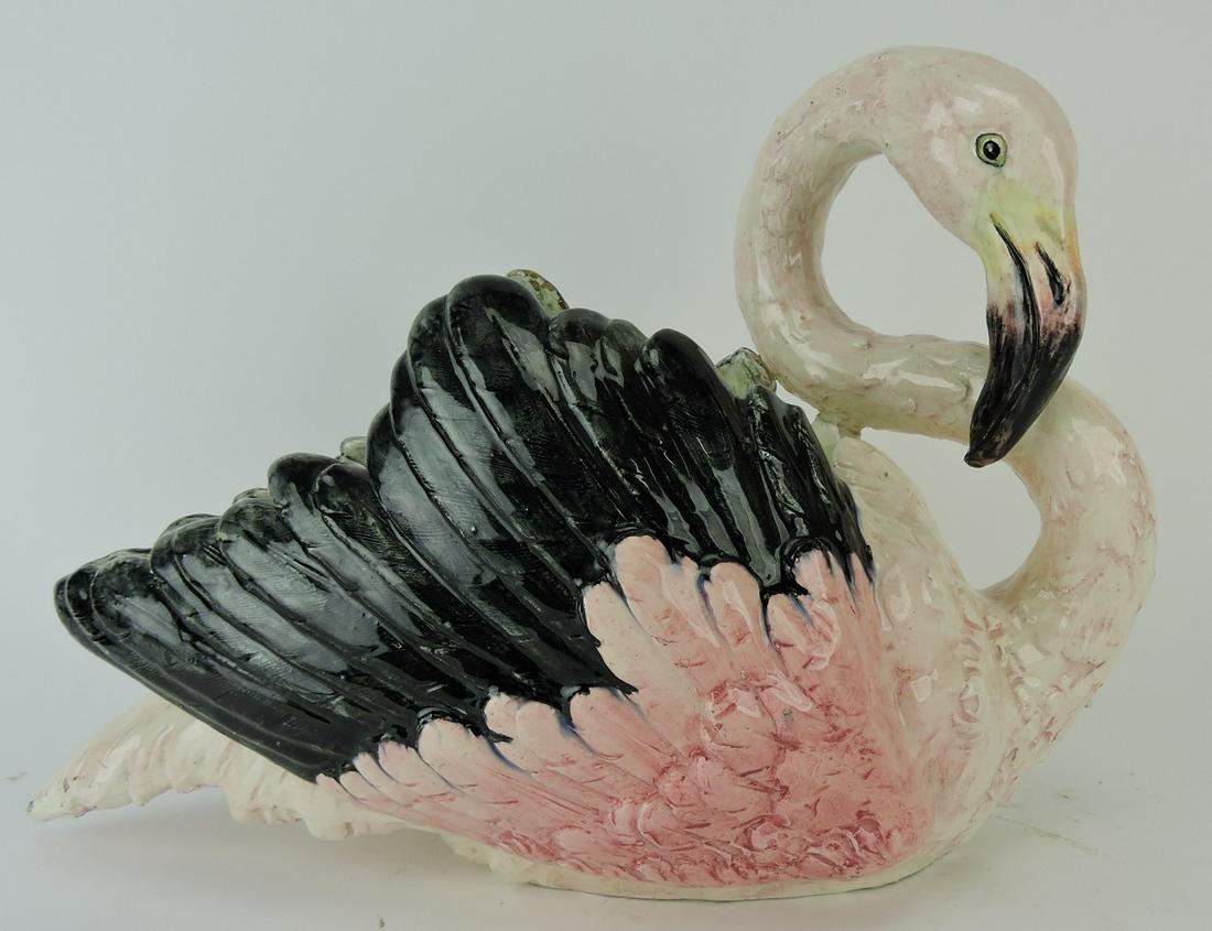 Delphin Massier French majolica: pink flamingo planter, 15"l, 11"h