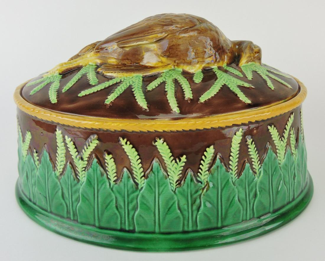 George Jones majolica quail game: dish with wheat decor, liner included, 11 1/2"l