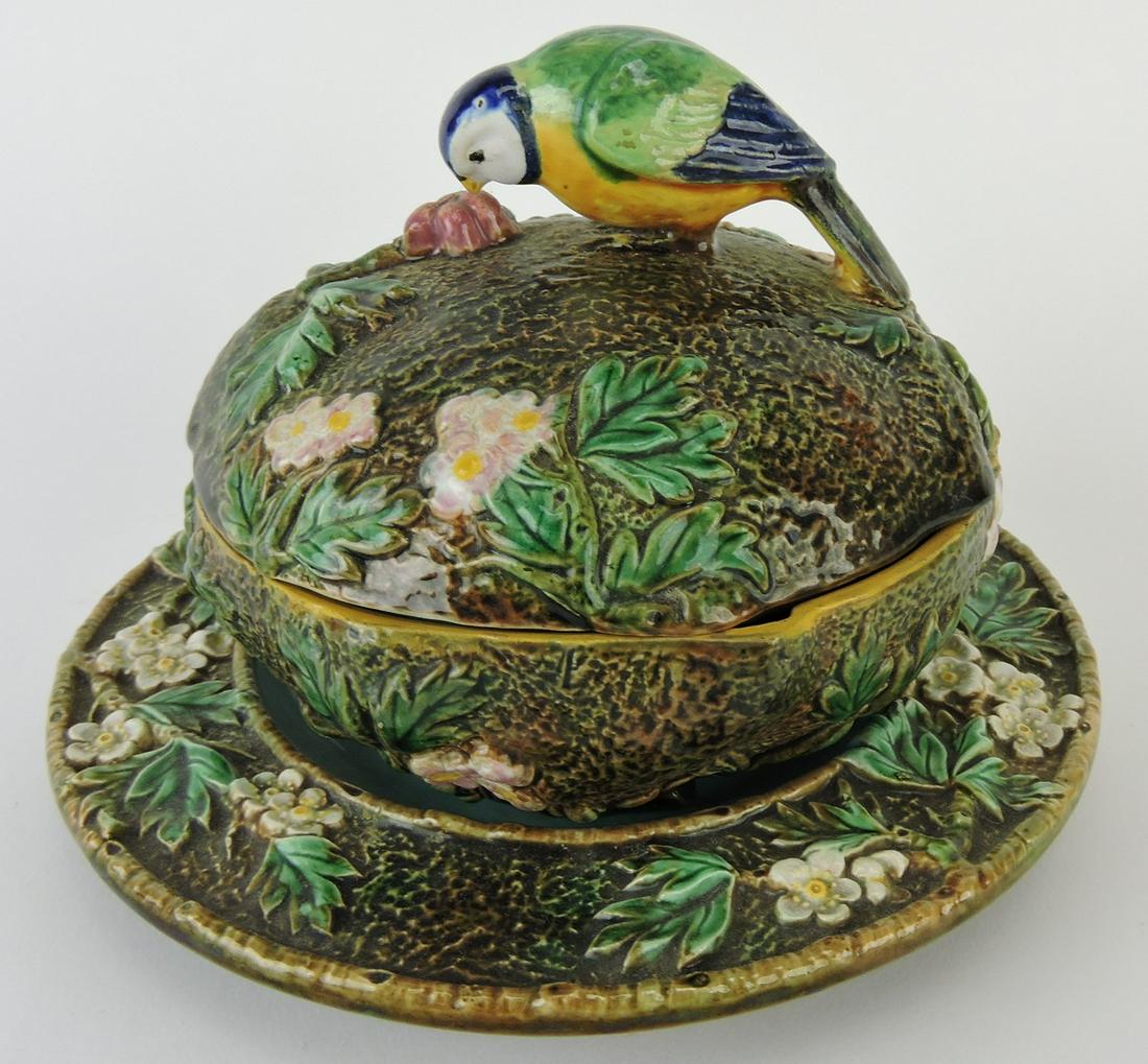 George Jones majolica blue tit: covered butter dish and stand, 7"d, 5"h