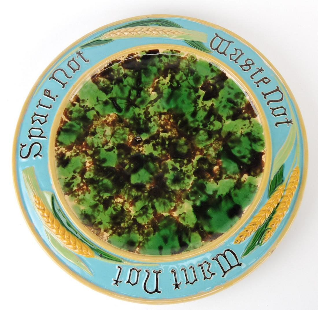Minton majolica "Waste Not, Want Not,: Spare Not" tray, 15"