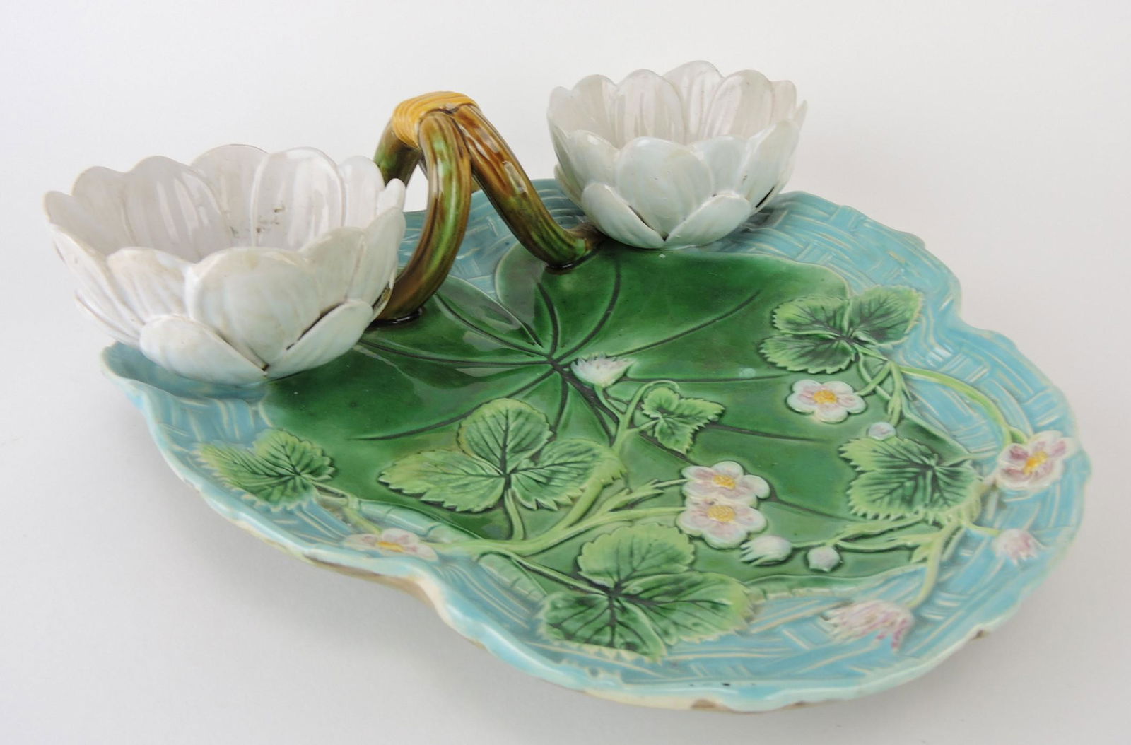 George Jones majolica strawberry: server with water lily cup, sugar, and creamer, 10 1/2"