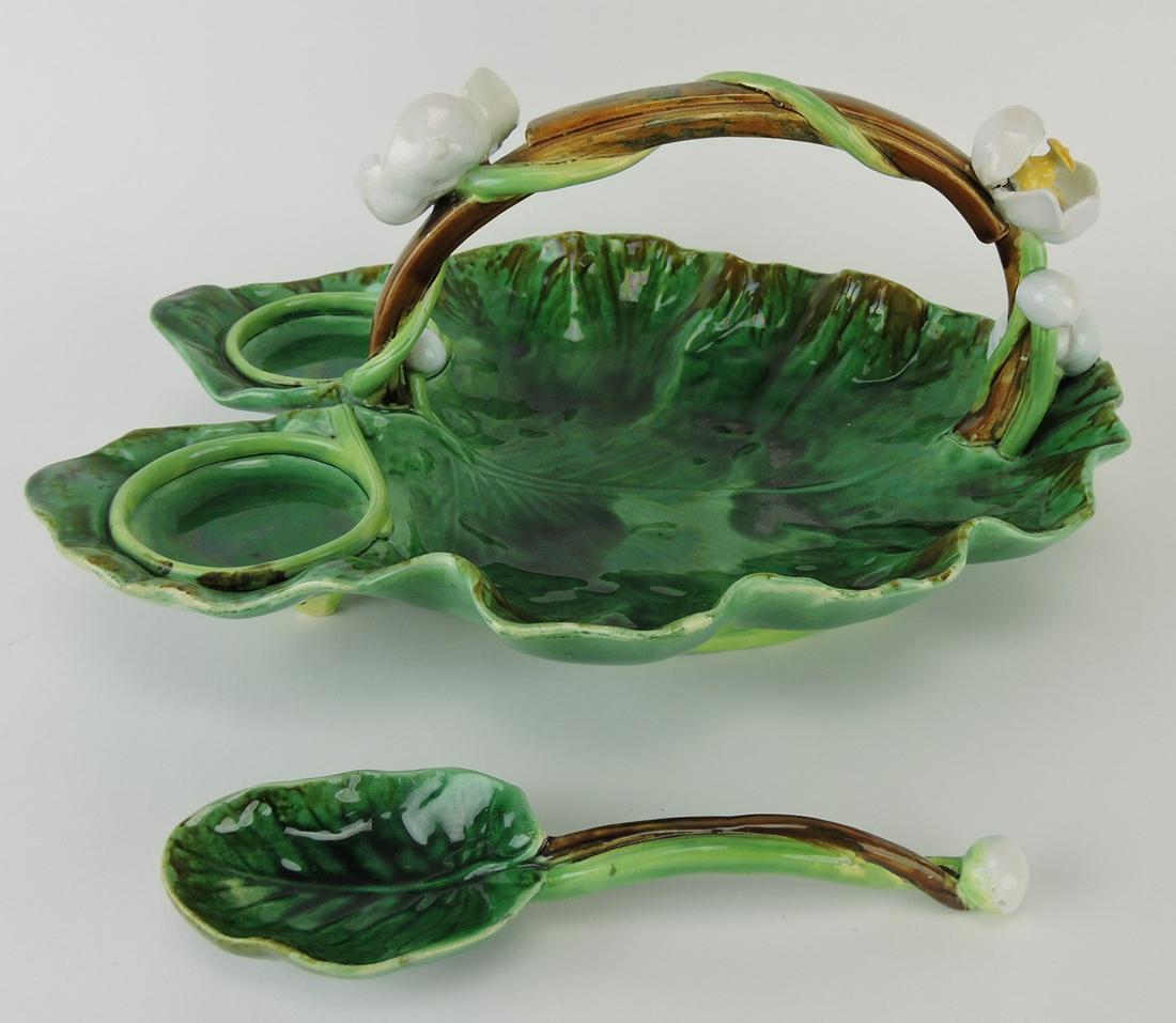 George Jones majolica lily: strawberry server with rare matching spoon, 13 1/2"l, professional rim repair to spoon