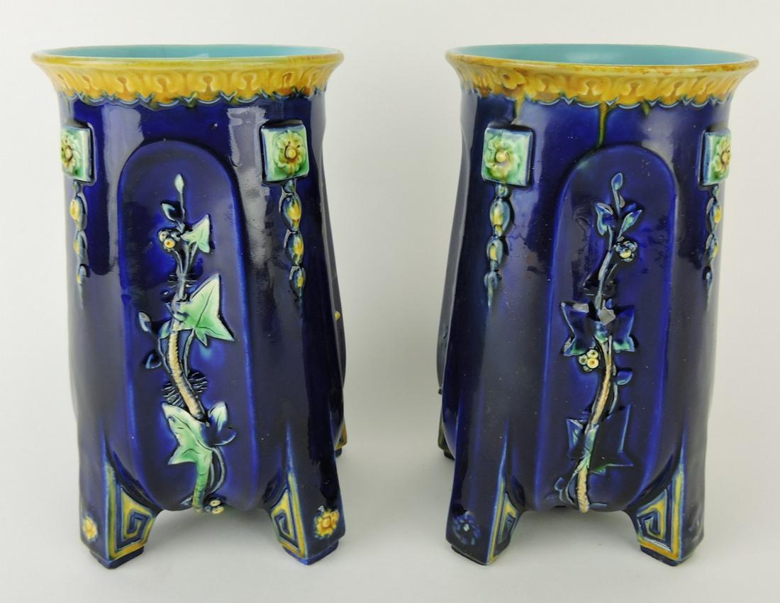 Minton majolica pair of cobalt ivy: vases, 7 1/2", professional rim repair to one