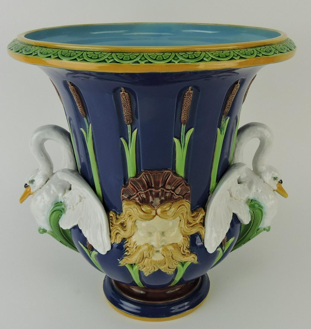 Minton majolica cobalt wine cooler: with swan handles, 10 1/2"