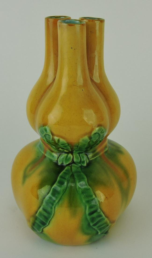 Minton majolica triple hole gourd: posey vase, professional rim repair, 6 1/4"
