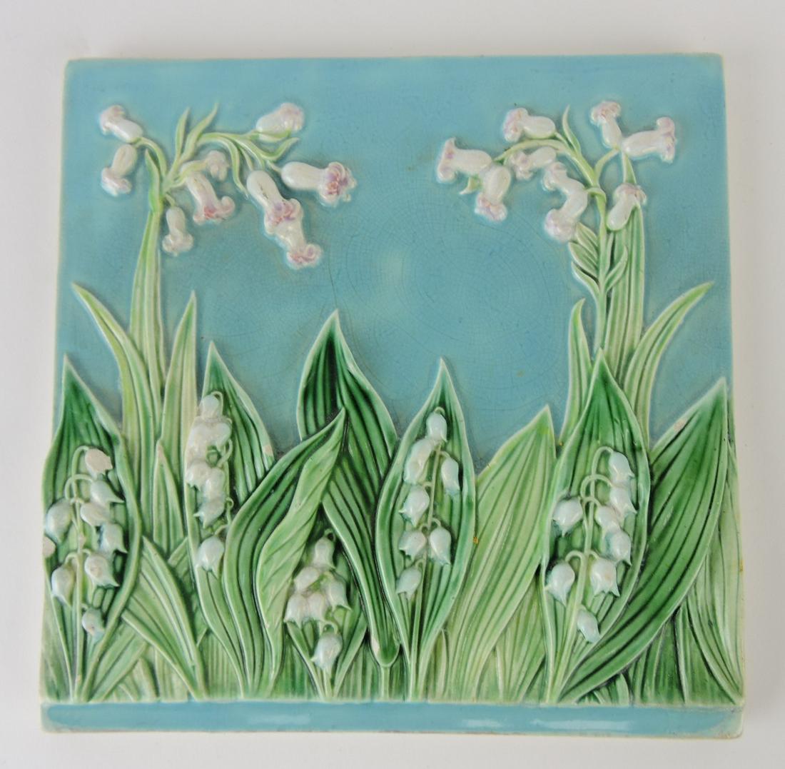 George Jones majolica turquoise: lily of the valley 8" tile