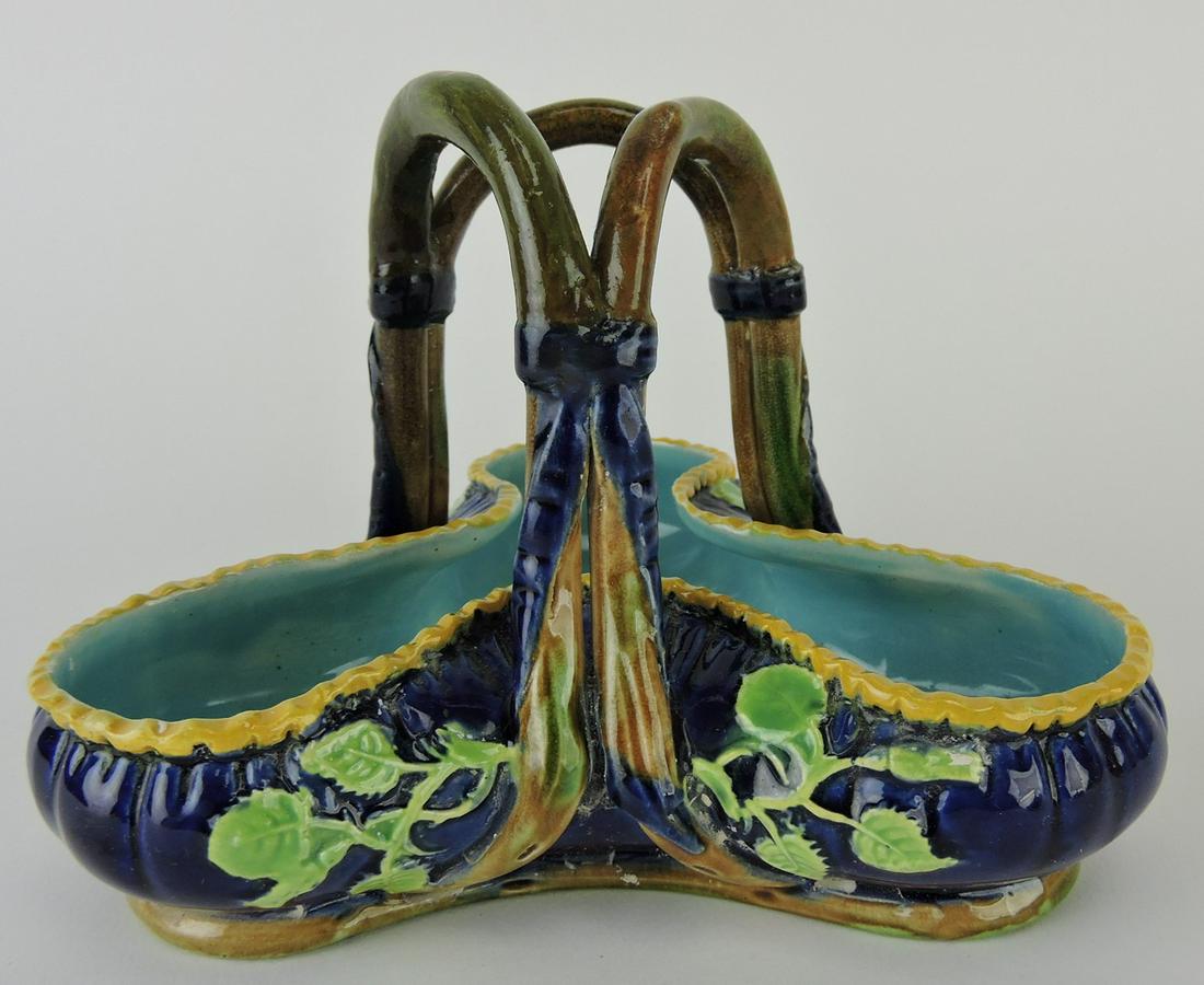 George Jones majolica tri-foil cobalt: basket, professional handle repair, 4"h